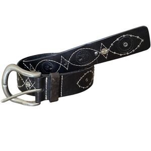 Fossil Black Leather Silver Buckle Embellished Boho Belt size large